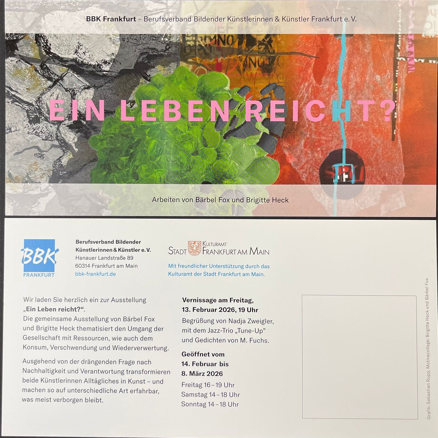 Ausstellung  "Ein Leben reicht" von Bärbel Fox und Brigitte Heck in der Galerie des BBK Frankfurt